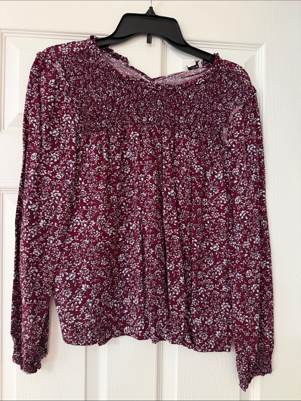 J. Crew Burgundy Floral Smocked Yoke Long-Sleeve Blouse